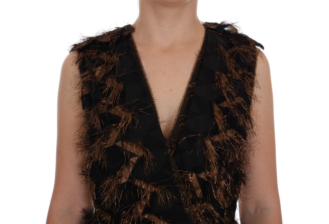 Schwarzes Seiden-A-Linien-Kleid mit braunen Fransen