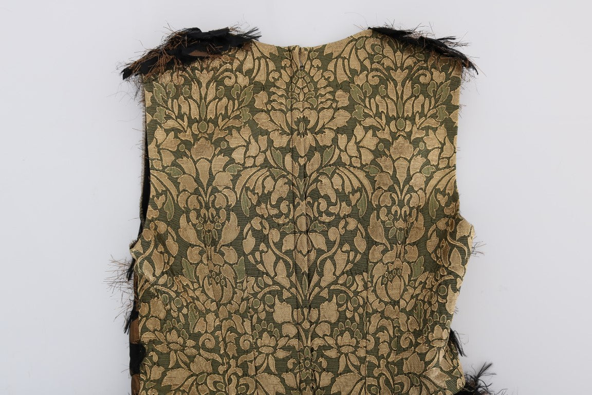 Schwarzes Seiden-A-Linien-Kleid mit braunen Fransen