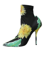 Schwarze Ankle Boots aus Stretch-Jersey mit Blumenmuster