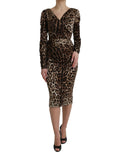 Braunes Leopardenmuster Bodycon V-Ausschnitt Midikleid