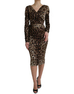 Braunes Leopardenmuster Bodycon V-Ausschnitt Midikleid