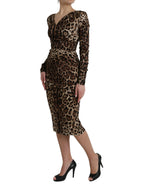 Braunes Leopardenmuster Bodycon V-Ausschnitt Midikleid