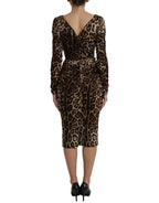 Braunes Leopardenmuster Bodycon V-Ausschnitt Midikleid