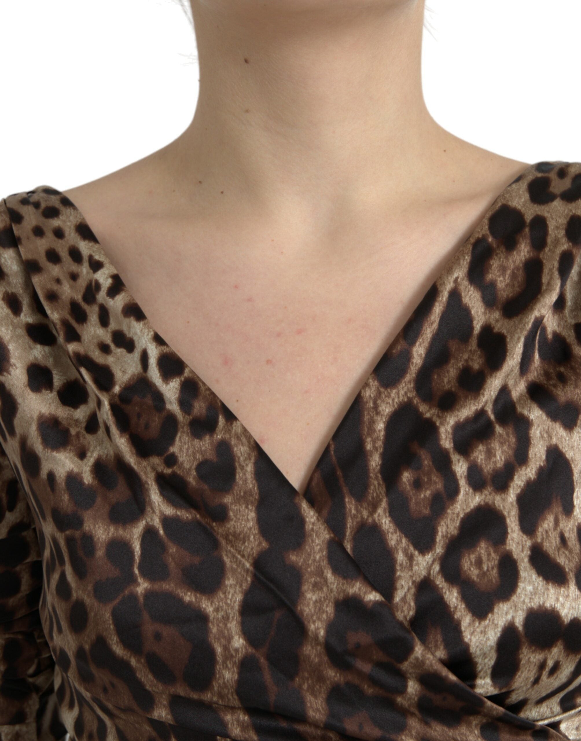 Braunes Leopardenmuster Bodycon V-Ausschnitt Midikleid