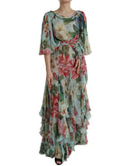 Blue Floral Print Tiered Long Maxi Dress