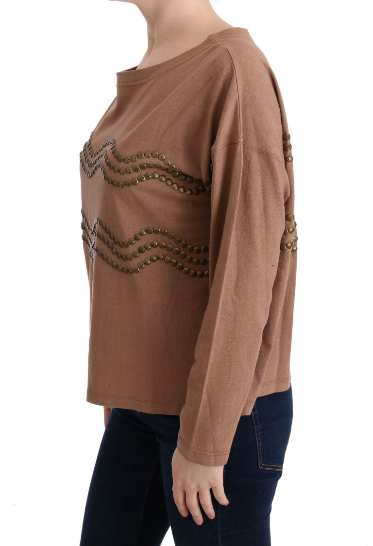 Brauner Baumwollpullover mit Nieten