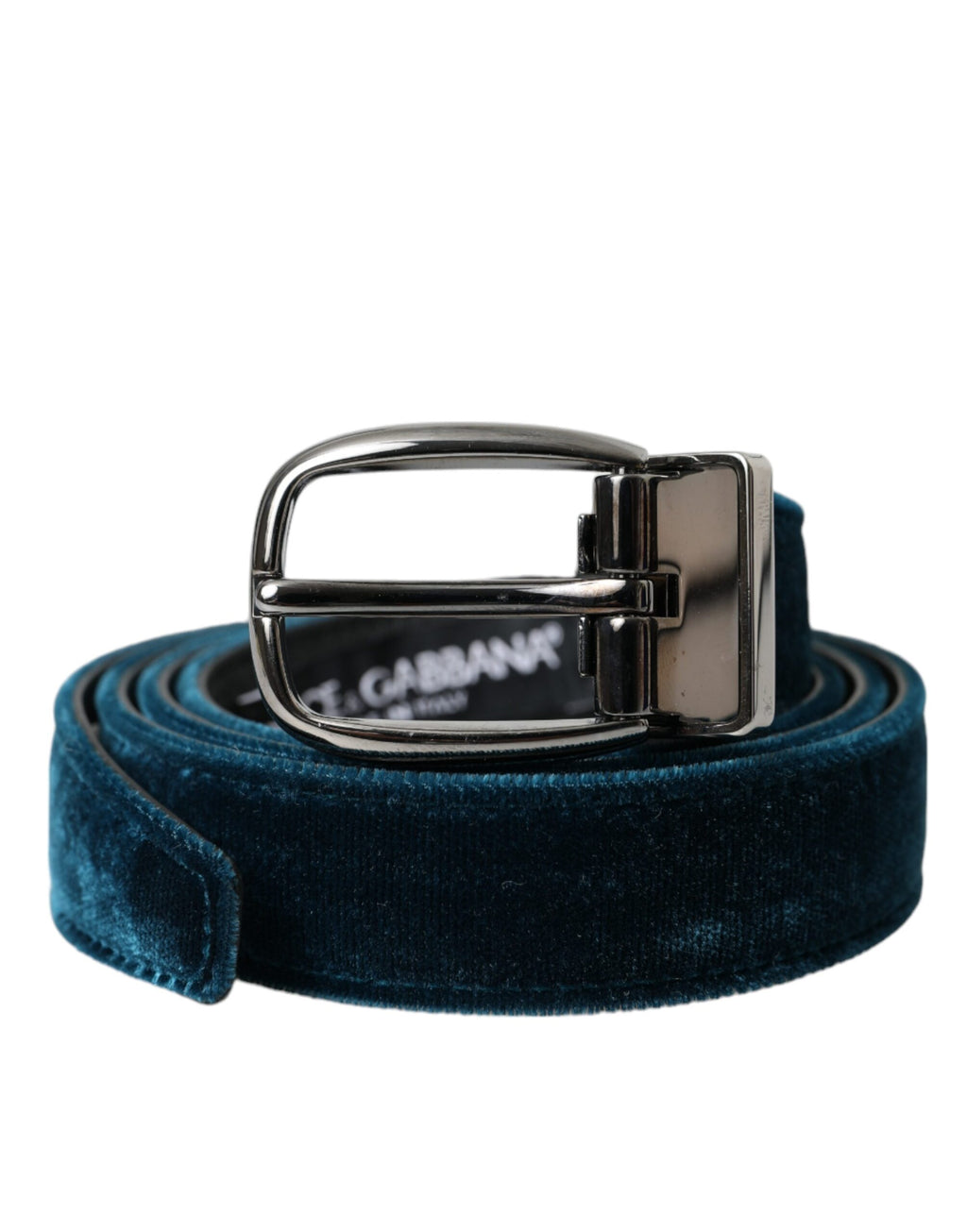 Gürtel aus blauem Samtleder mit silberner Metallschnalle