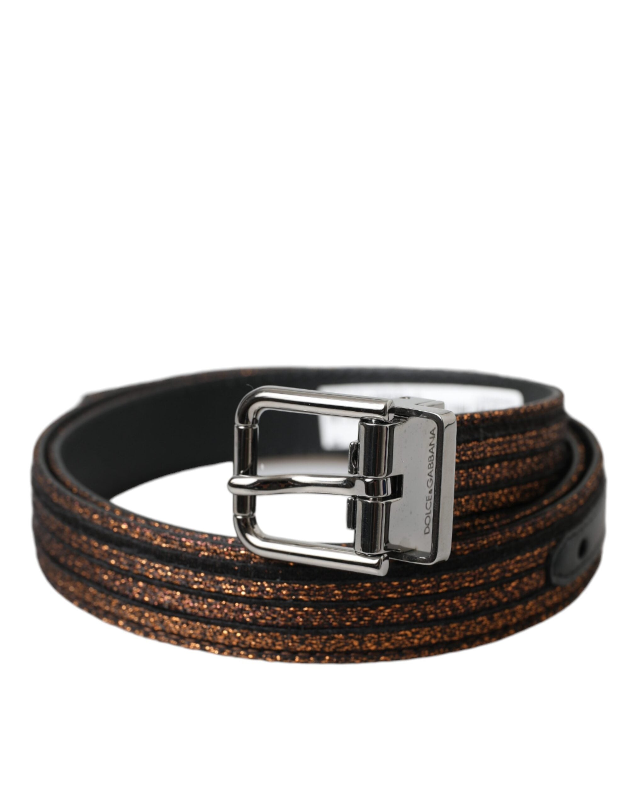 Gürtel mit goldenen Jacquard-Streifen und silberner Metallschnalle