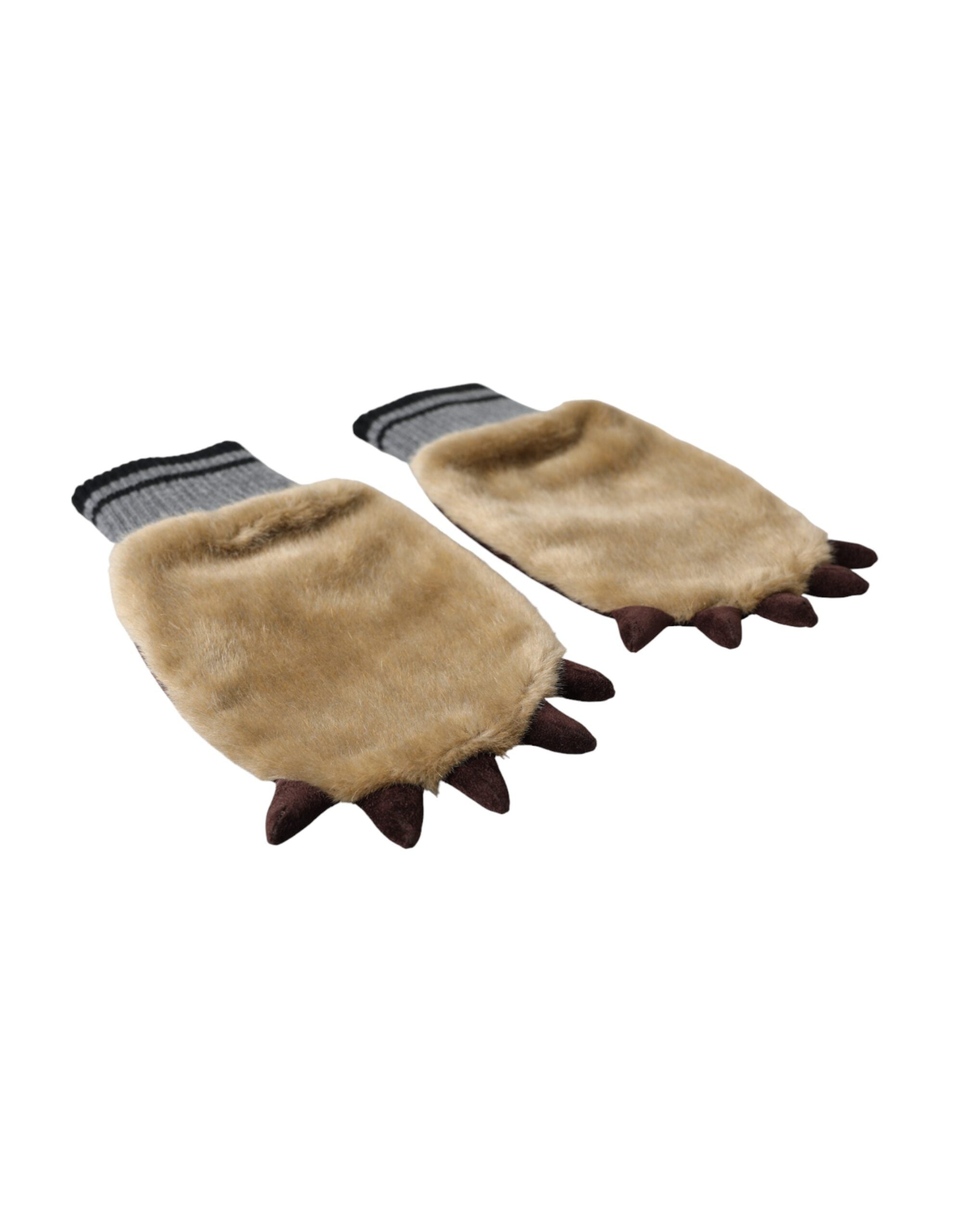 Beige Strickfäustlinge aus Acryl mit Kunstfellbesatz am Handgelenk