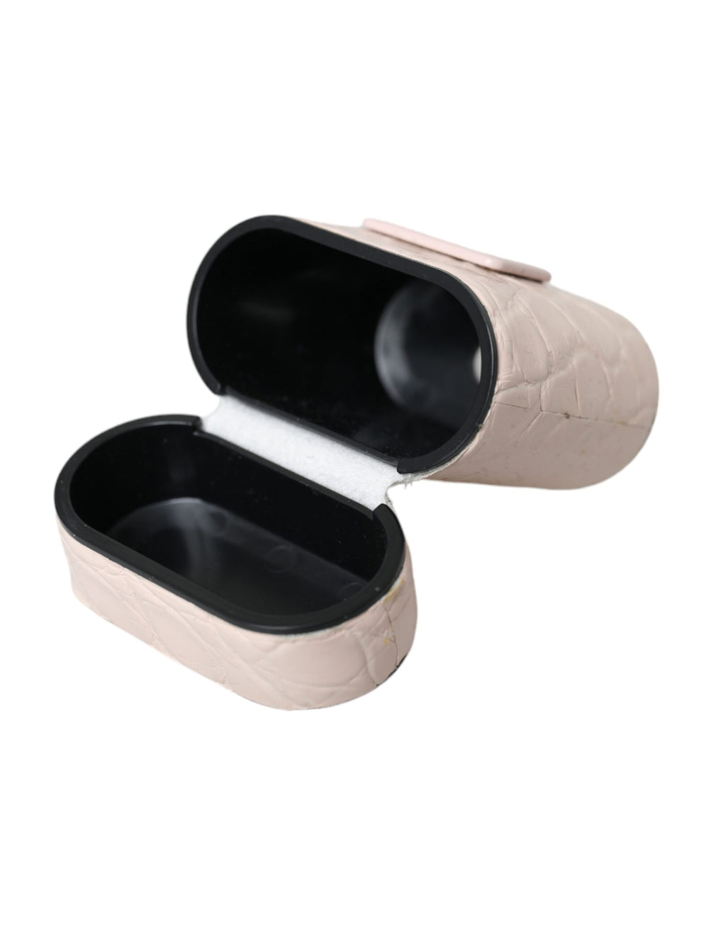AirPods-Hülle aus hellrosafarbenem Leder mit Metallemblem