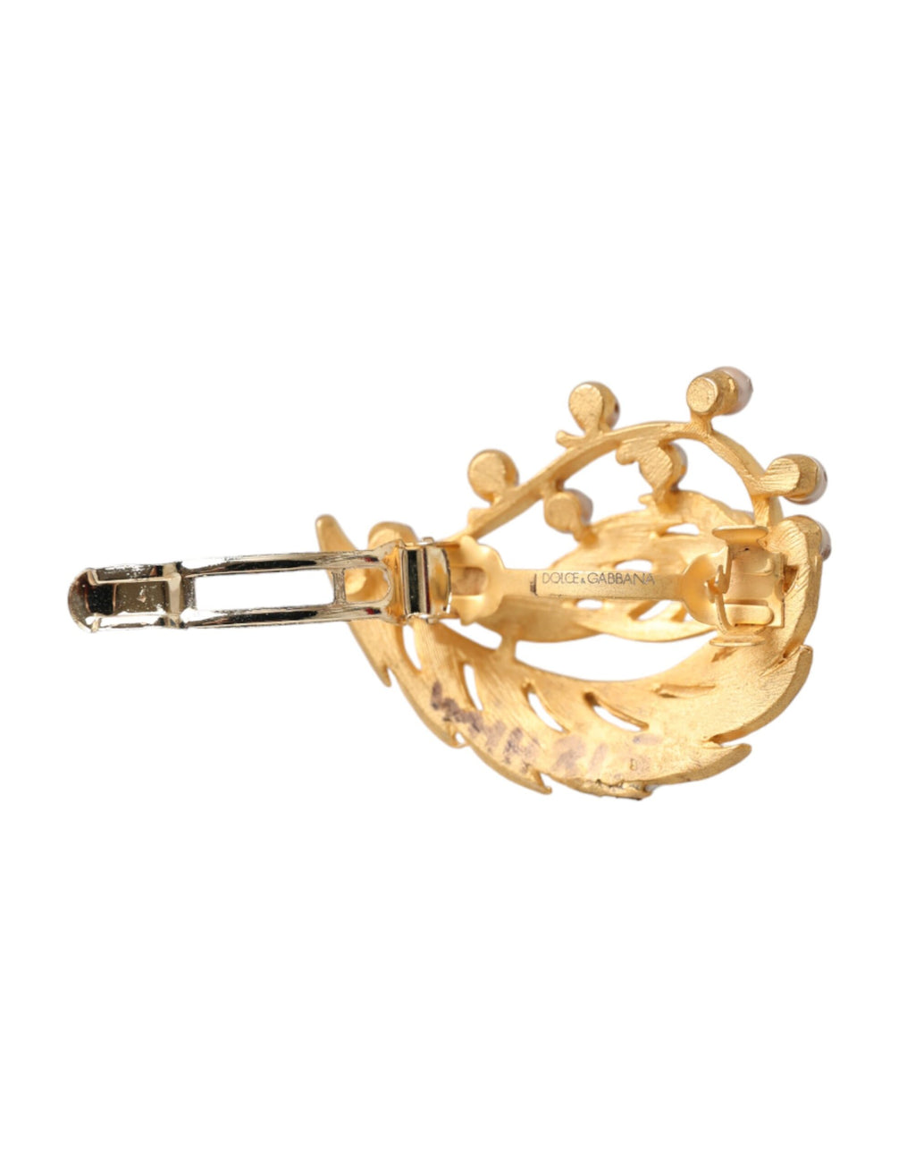 Brosche Haarnadel mit verziertem Blatt aus Goldmessing
