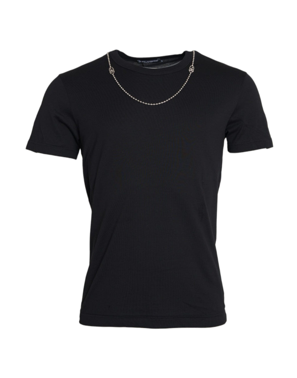 Schwarzes Baumwoll-T-Shirt mit kurzen Ärmeln und Silberkette