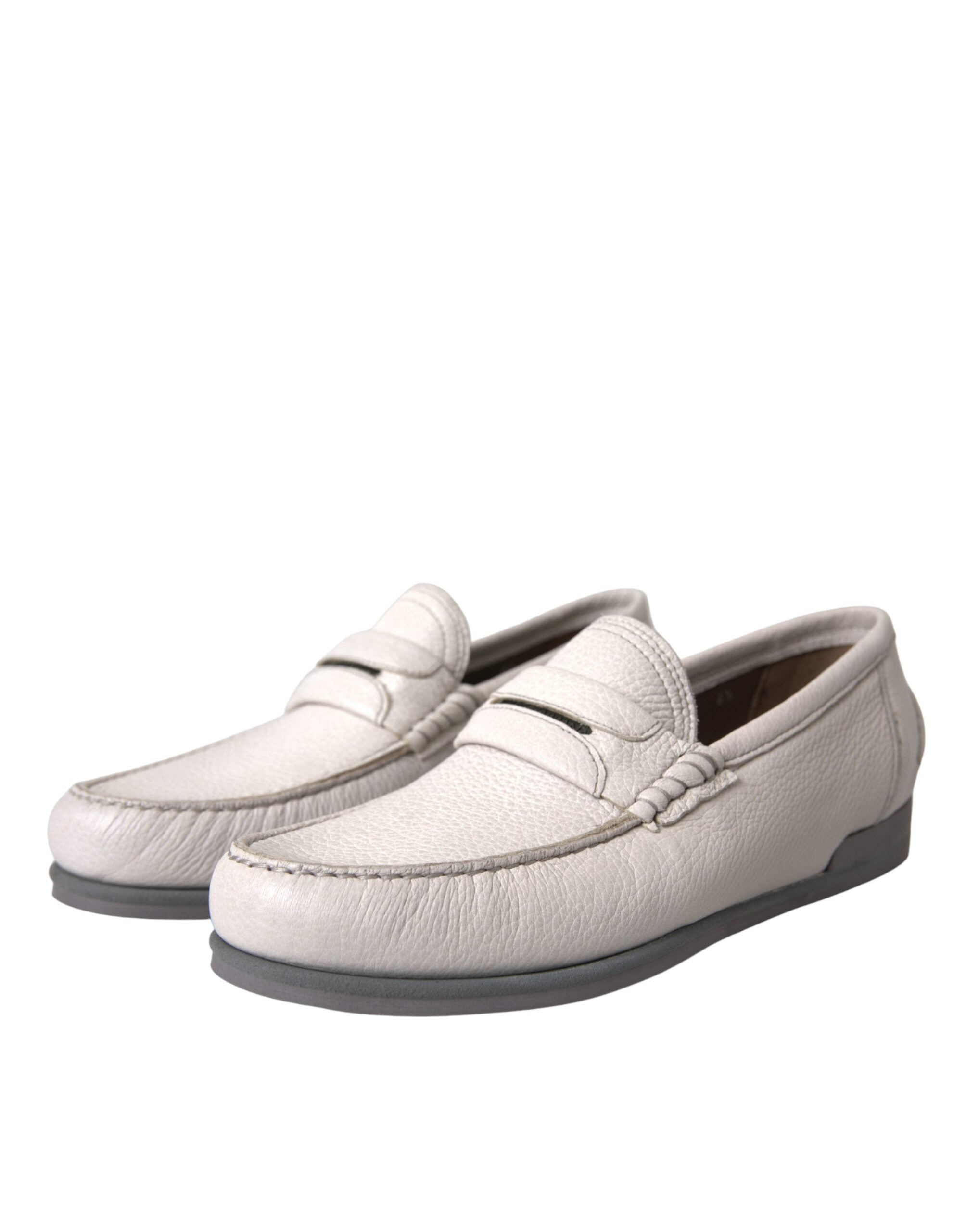 White Gray Leather Slip Moccasin Shoes Loafer
