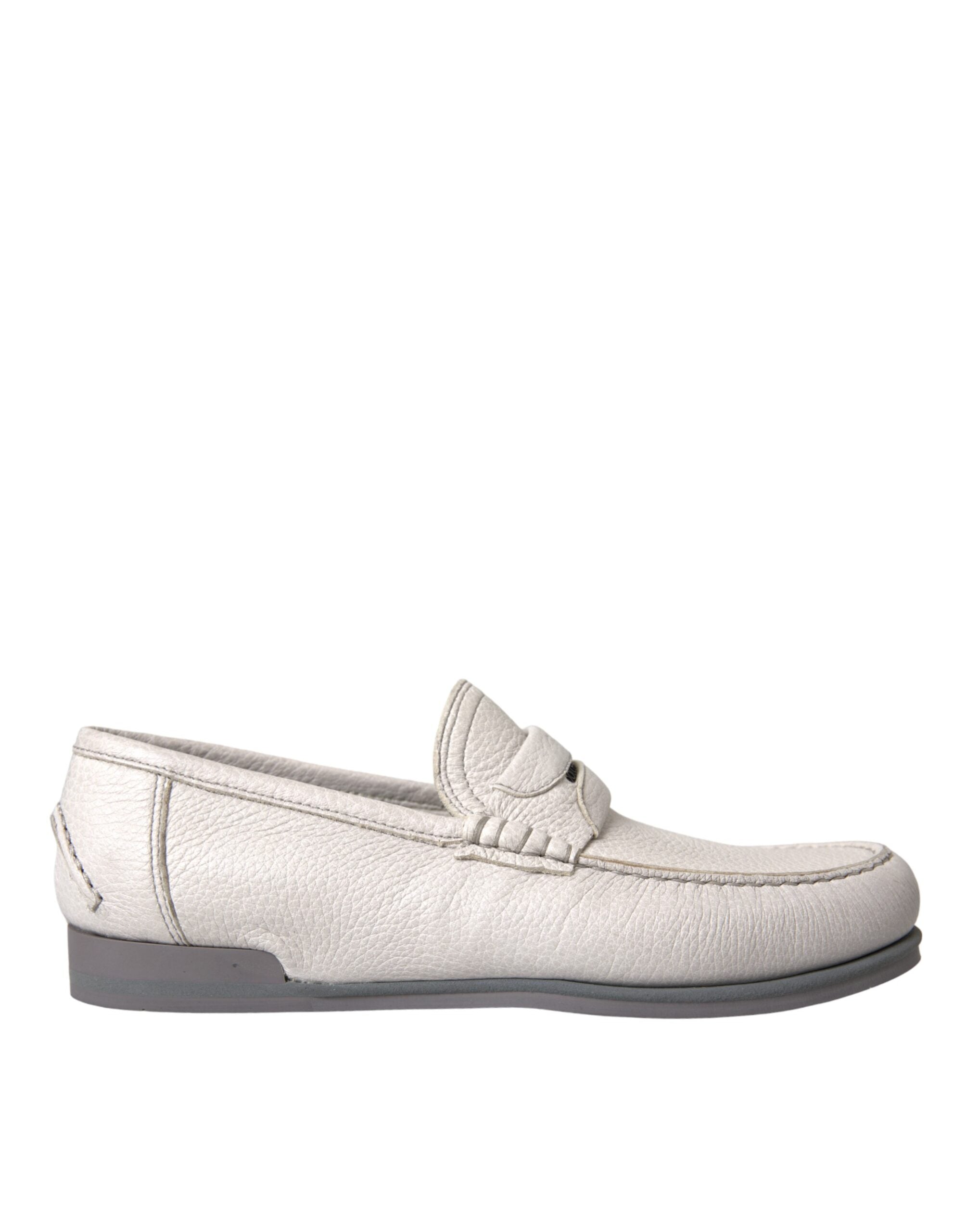 White Gray Leather Slip Moccasin Shoes Loafer