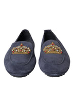 Blaue Loafer aus Wildleder mit Kristallkrone