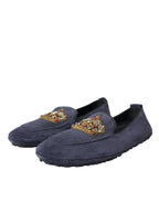 Blaue Loafer aus Wildleder mit Kristallkrone