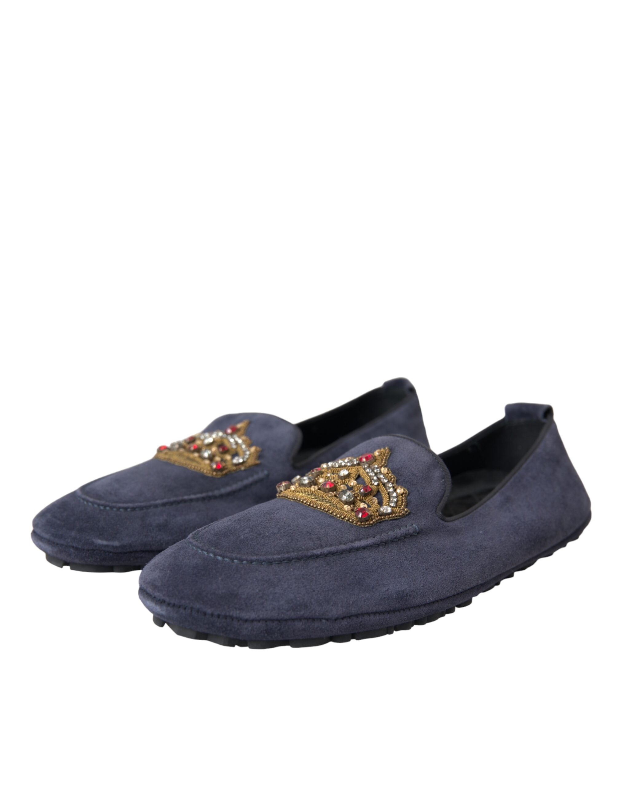 Scarpe Mocassini in Pelle Scamosciata Blued con Corona di Cristallo