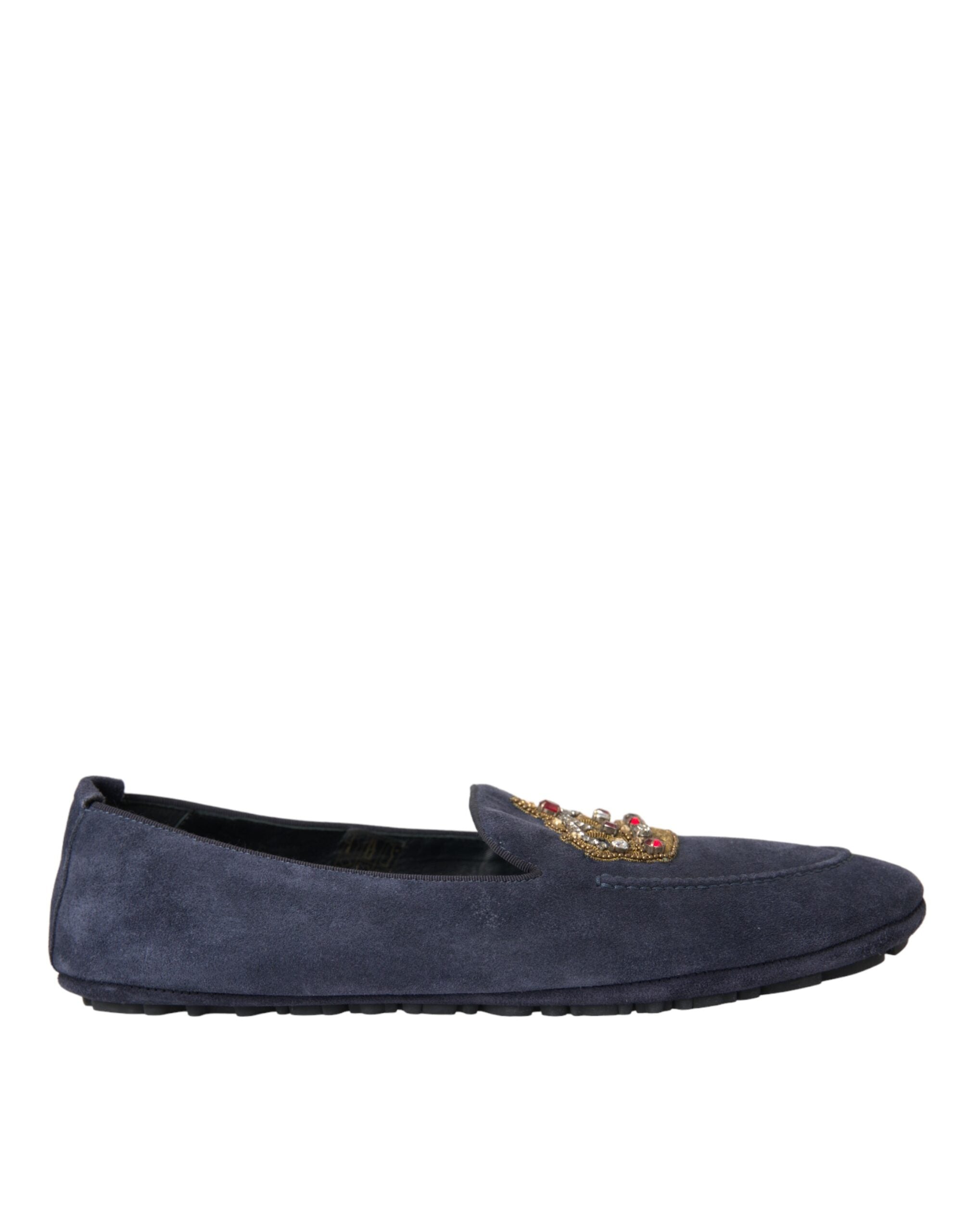 Scarpe Mocassini in Pelle Scamosciata Blued con Corona di Cristallo