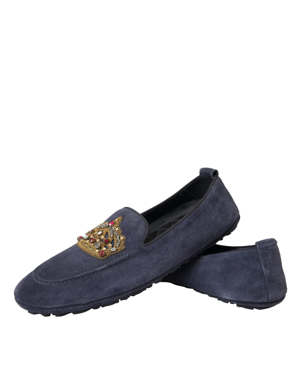 Blaue Loafer aus Wildleder mit Kristallkrone