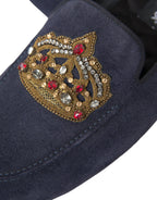 Blaue Loafer aus Wildleder mit Kristallkrone