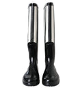 Black Rubber Knee High Flat Boots Shoes