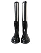 Black Rubber Knee High Flat Boots Shoes