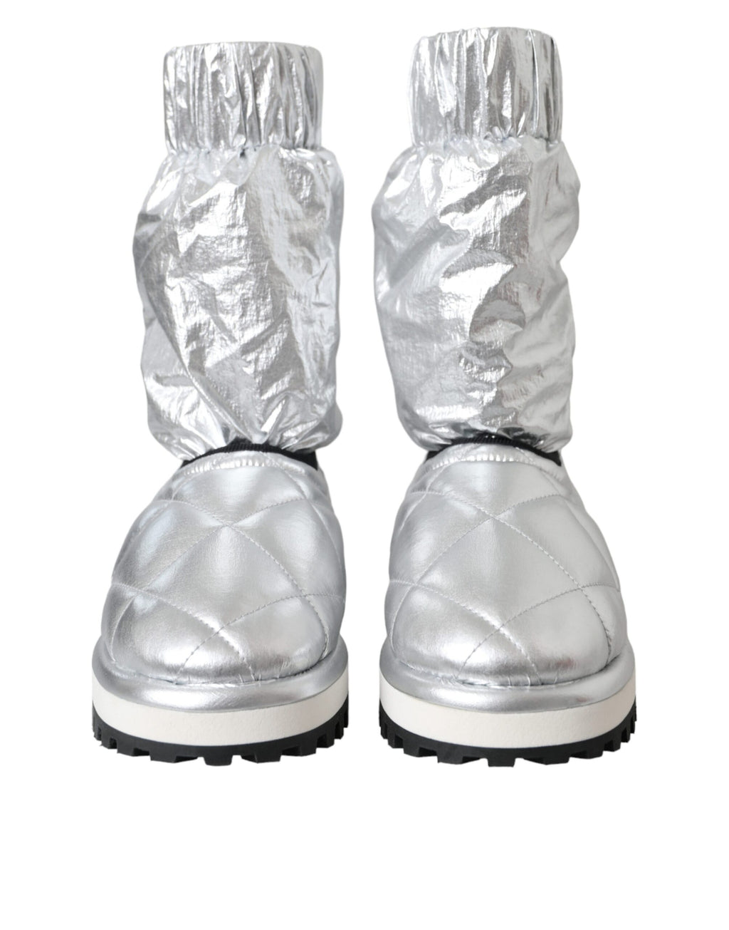 Metallic-silberne gesteppte Logo-Patch-Stiefel