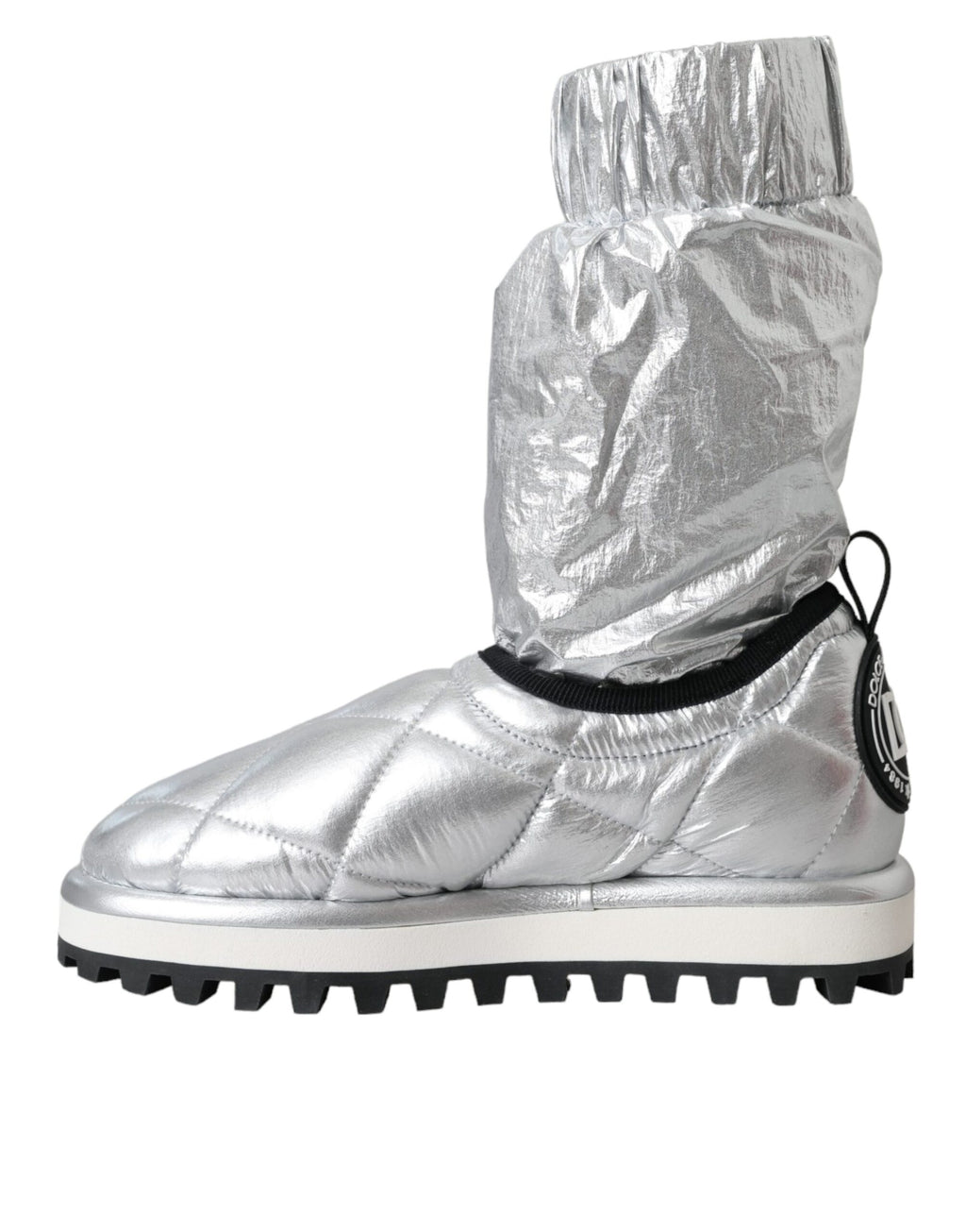 Metallic-silberne gesteppte Logo-Patch-Stiefel