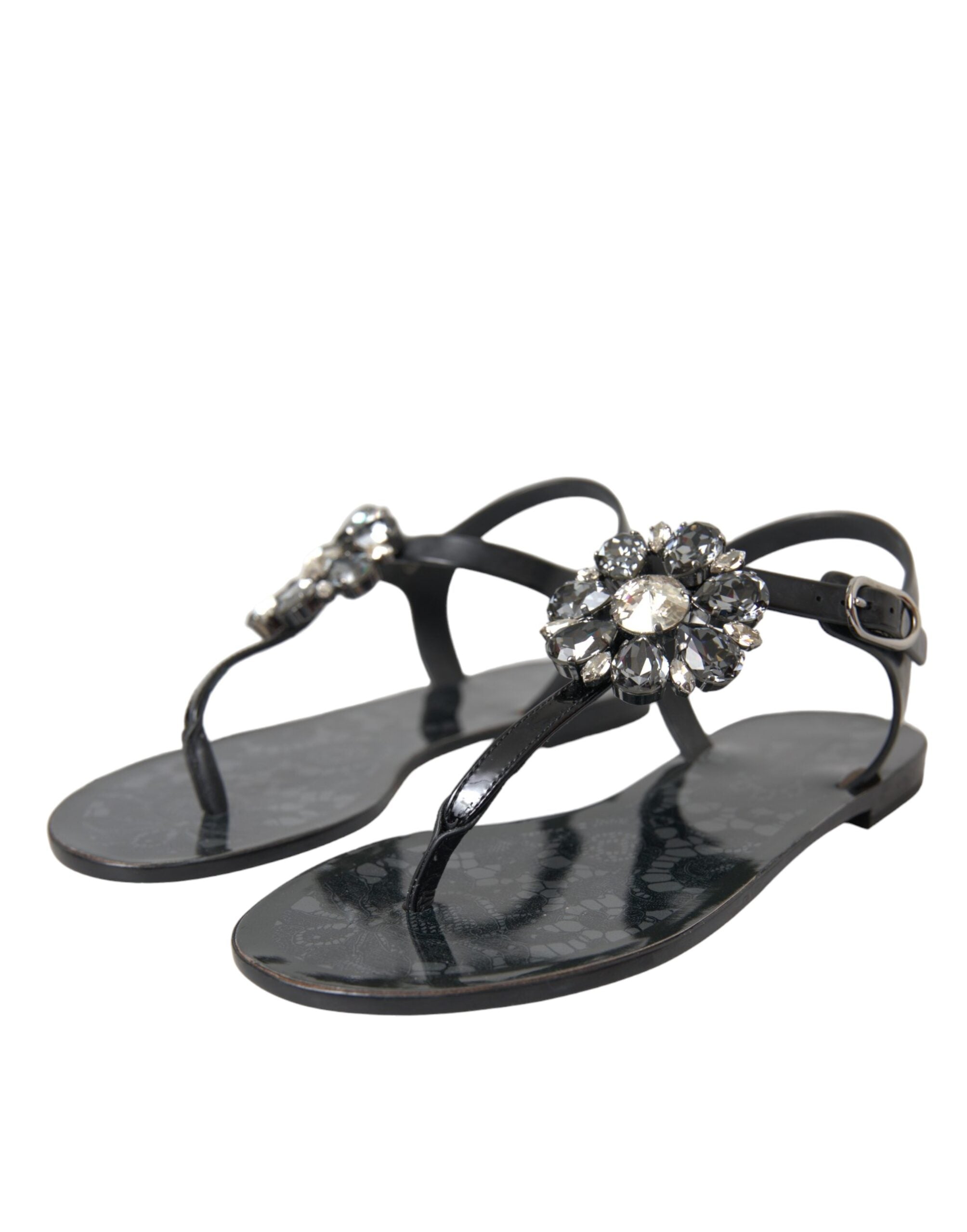 Schwarze Kristall-Flats Sandalen Flip Flops Schuhe