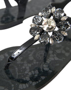 Schwarze Kristall-Flats Sandalen Flip Flops Schuhe