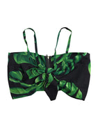 Black Green Leaf Silk Halter Cropped Top
