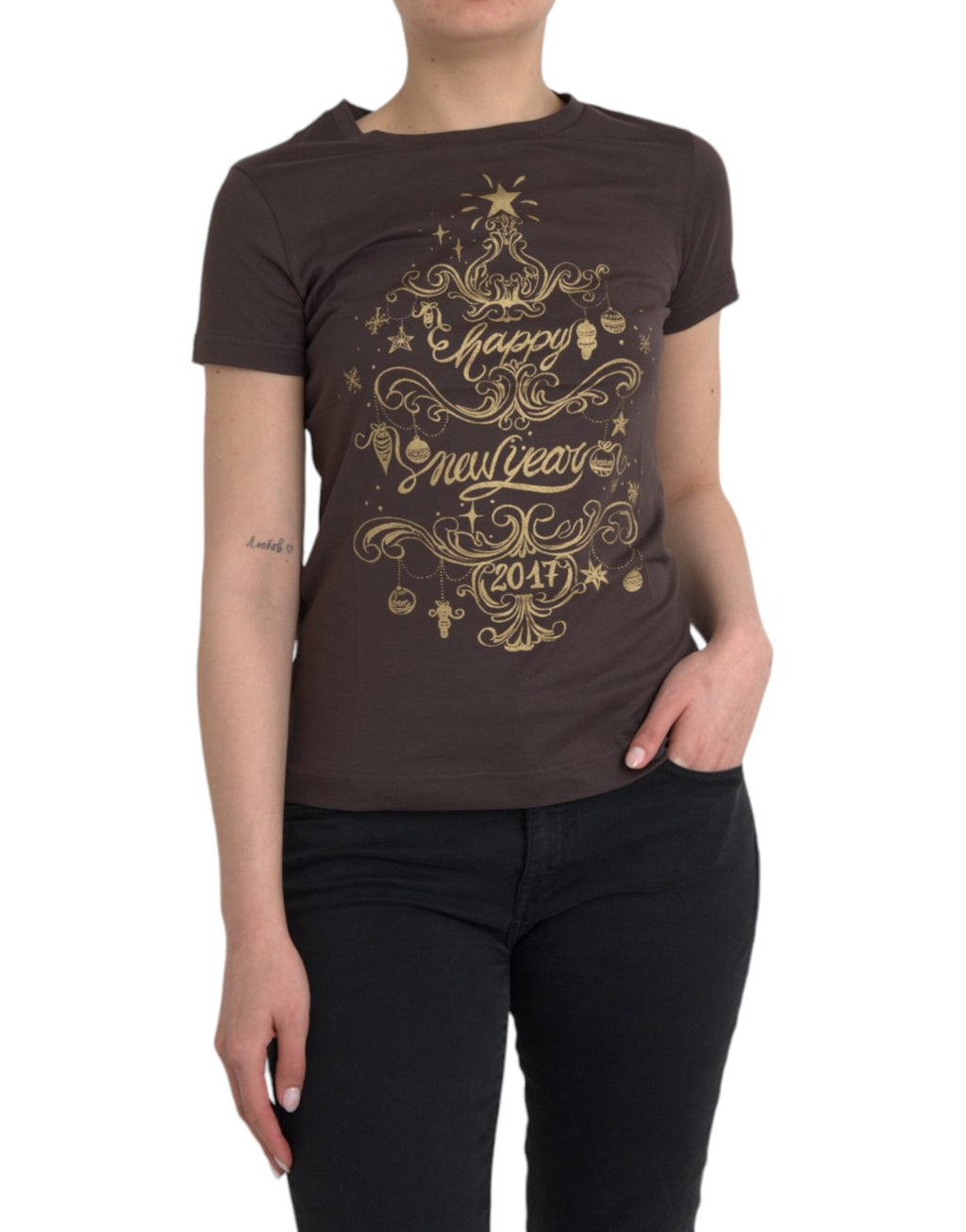Braunes Rundhals-T-Shirt mit Motivdruck 2017