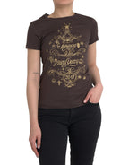 Braunes Rundhals-T-Shirt mit Motivdruck 2017