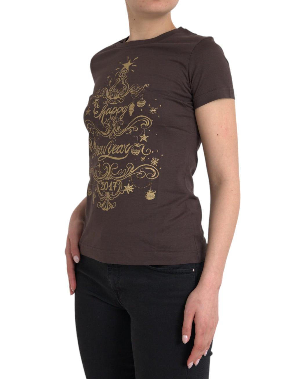 Braunes Rundhals-T-Shirt mit Motivdruck 2017