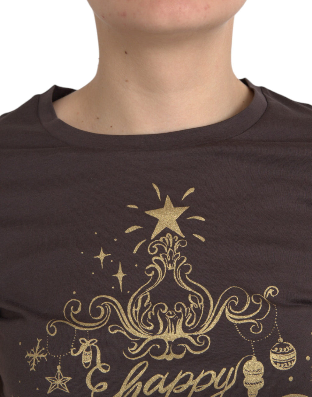 Braunes Rundhals-T-Shirt mit Motivdruck 2017