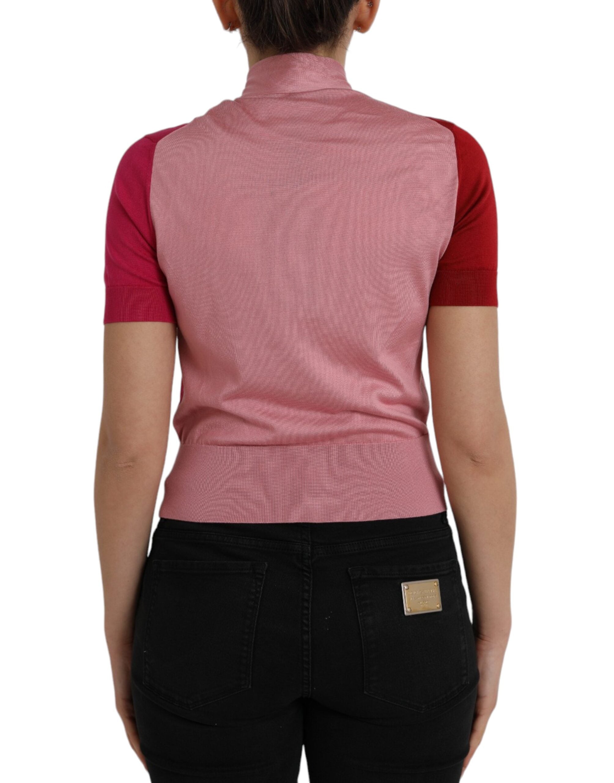 Rosa Kurzarm-Pullover mit Ascot-Kragen