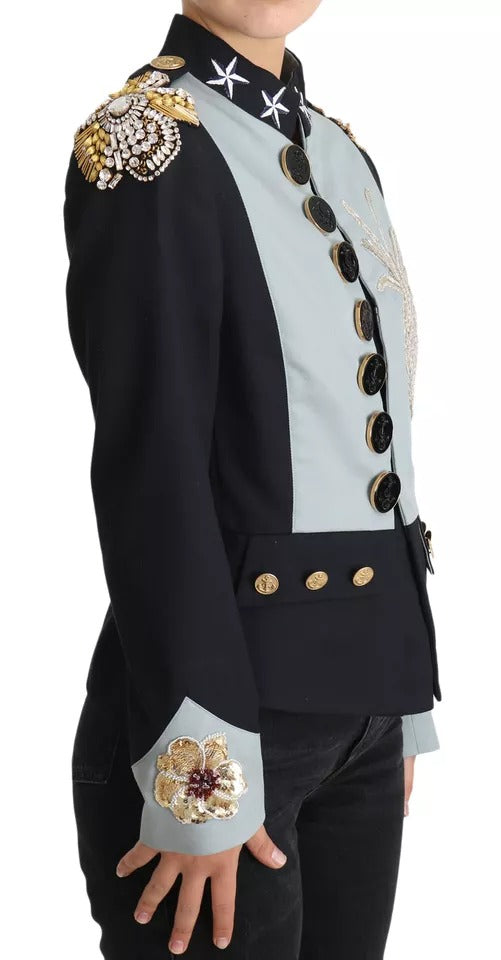 Blaue Baumwolljacke mit Knopfleiste und Kristallverzierung