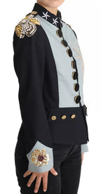 Blaue Baumwolljacke mit Knopfleiste und Kristallverzierung