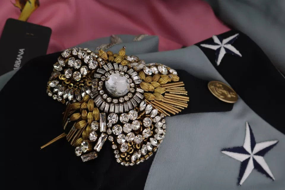 Blaue Baumwolljacke mit Knopfleiste und Kristallverzierung