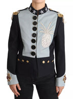 Blaue Baumwolljacke mit Knopfleiste und Kristallverzierung