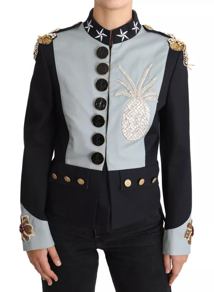 Blaue Baumwolljacke mit Knopfleiste und Kristallverzierung