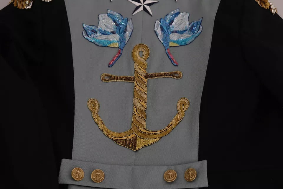 Blaue Baumwolljacke mit Knopfleiste und Kristallverzierung