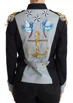 Blaue Baumwolljacke mit Knopfleiste und Kristallverzierung