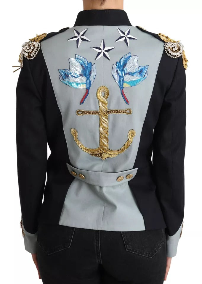 Blaue Baumwolljacke mit Knopfleiste und Kristallverzierung