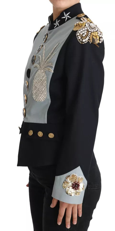 Blaue Baumwolljacke mit Knopfleiste und Kristallverzierung