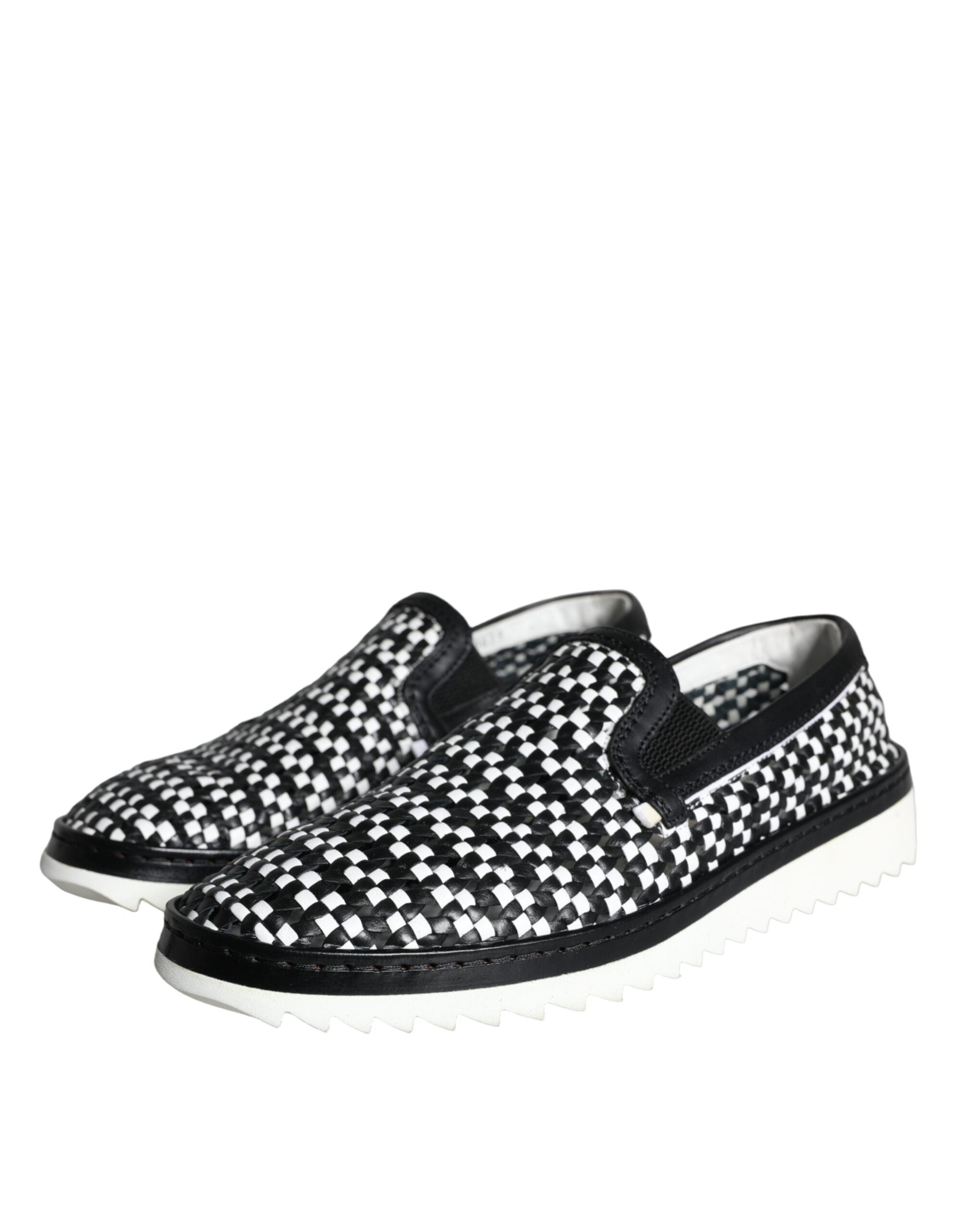 Black White Woven Slip-On Men's Loafers