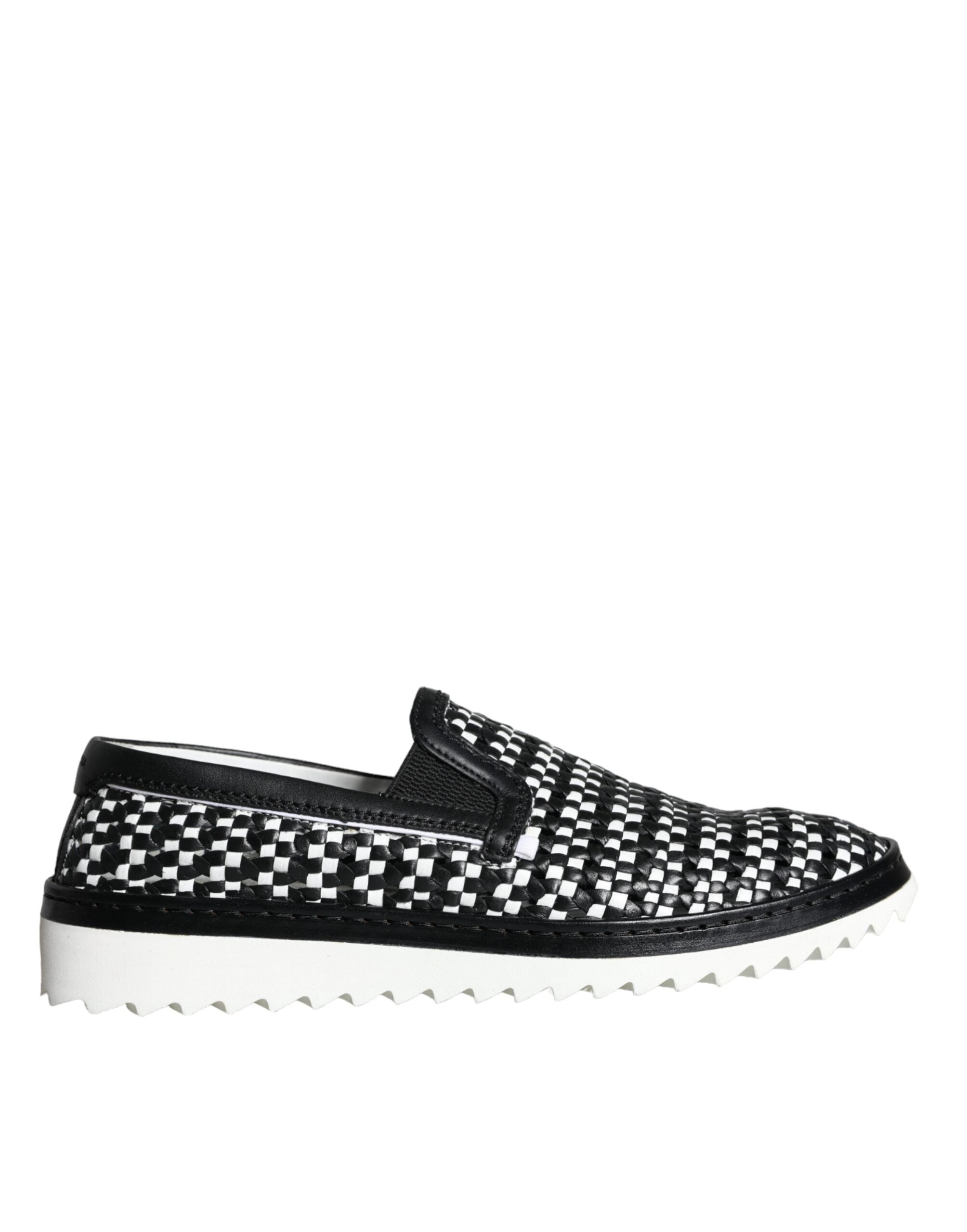 Black White Woven Slip-On Men's Loafers