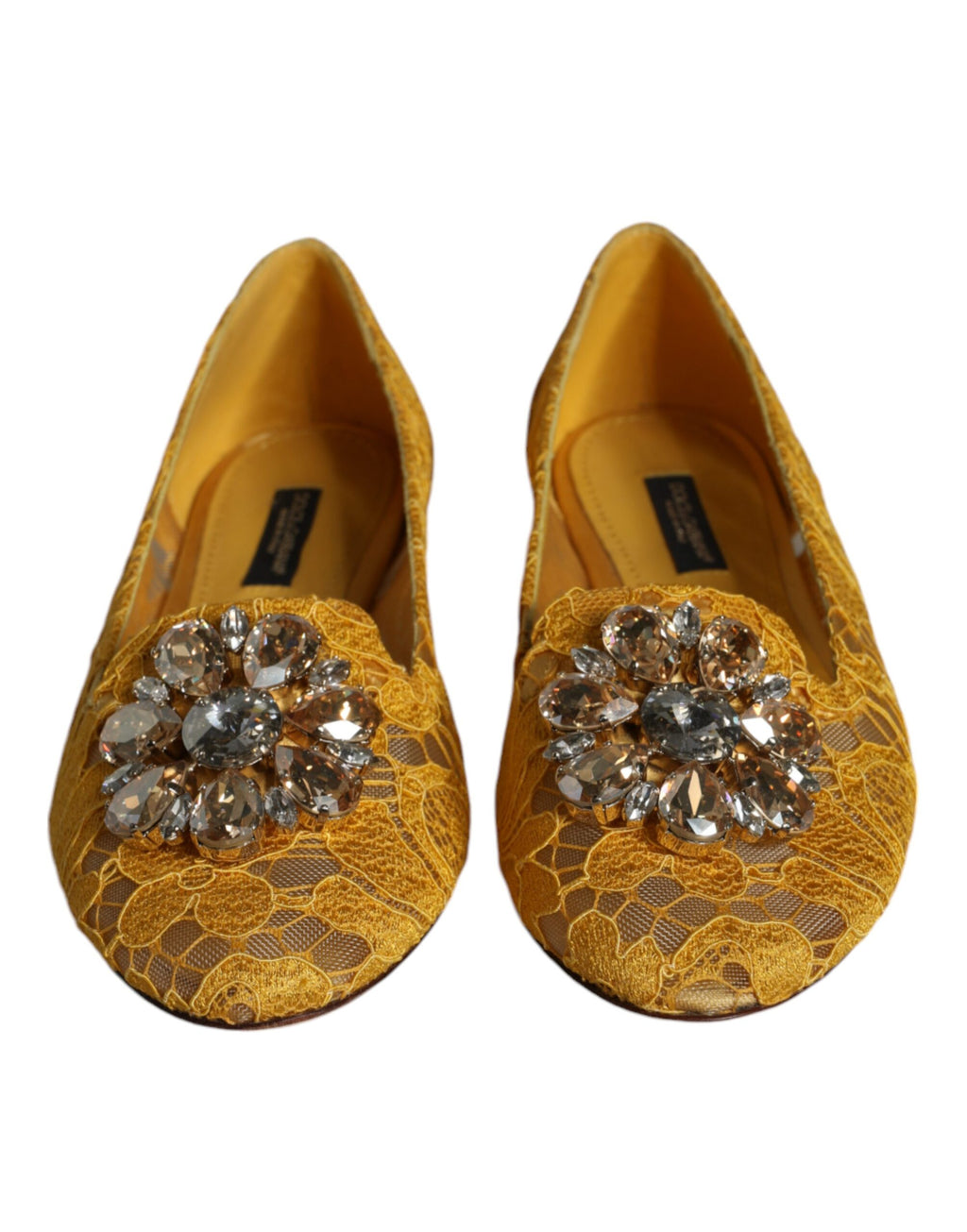 Senfgelbe Spitze Kristall Ballerinas Loafer Schuhe
