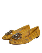 Senfgelbe Spitze Kristall Ballerinas Loafer Schuhe