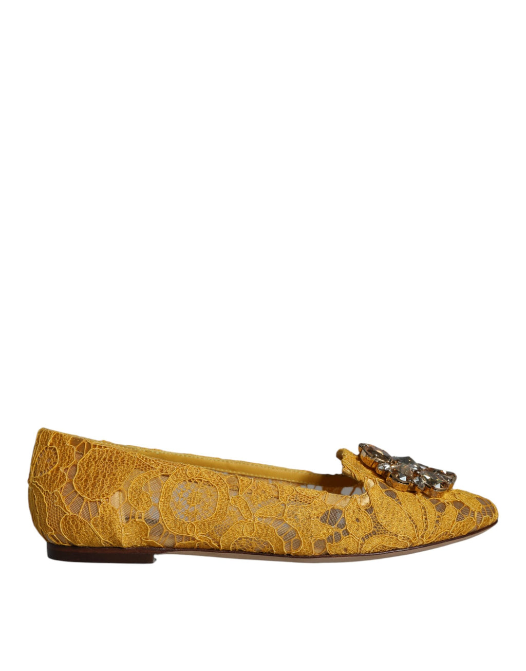 Senfgelbe Spitze Kristall Ballerinas Loafer Schuhe